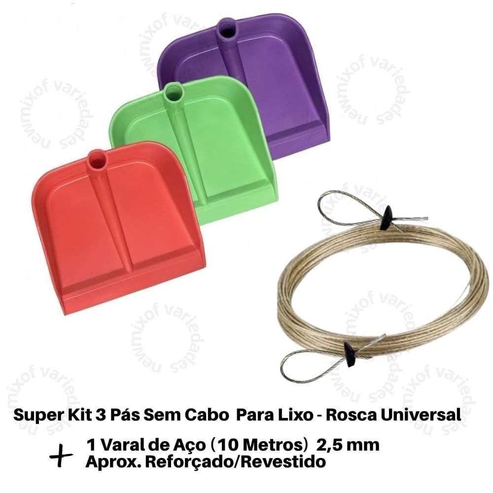 Kit 3 Pá de Lixo Plástica Sem Cabo + Varal de Aço 10m Reforçado Revestido NEW
