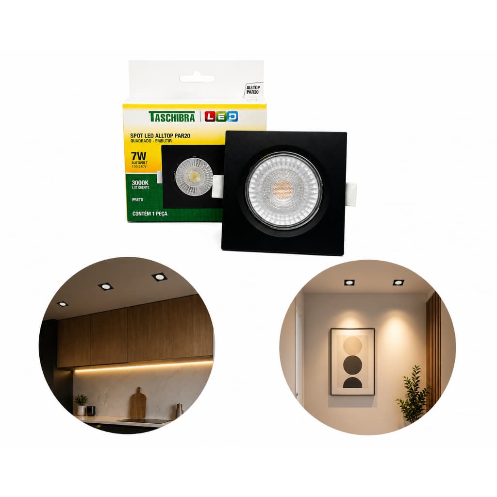 Spot Quadrado Preto 7w De Embutir Luz Amarela 3000k TASCHIBRA NOVO