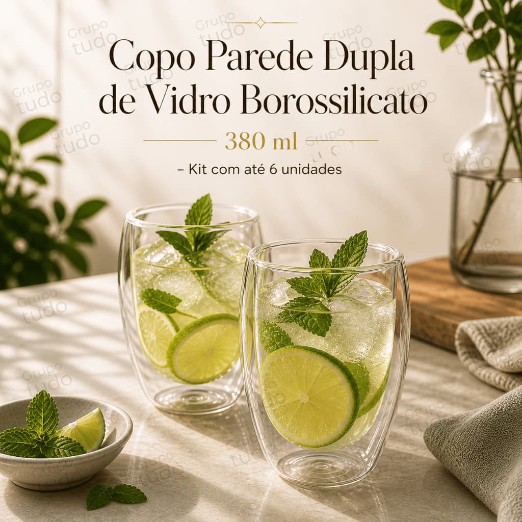 Kit com 2, 4 ou 6 Copos De Vidro Borasilicato Dupla Camada 380ml Transparente