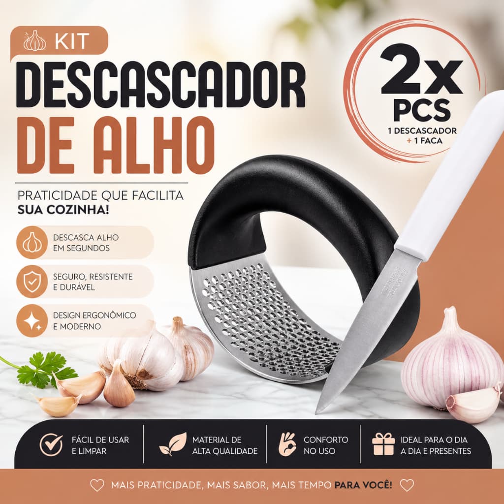 Kit Descascador Amassador de Alho Com Faca Inox Cozinha Espremedor Multiuso