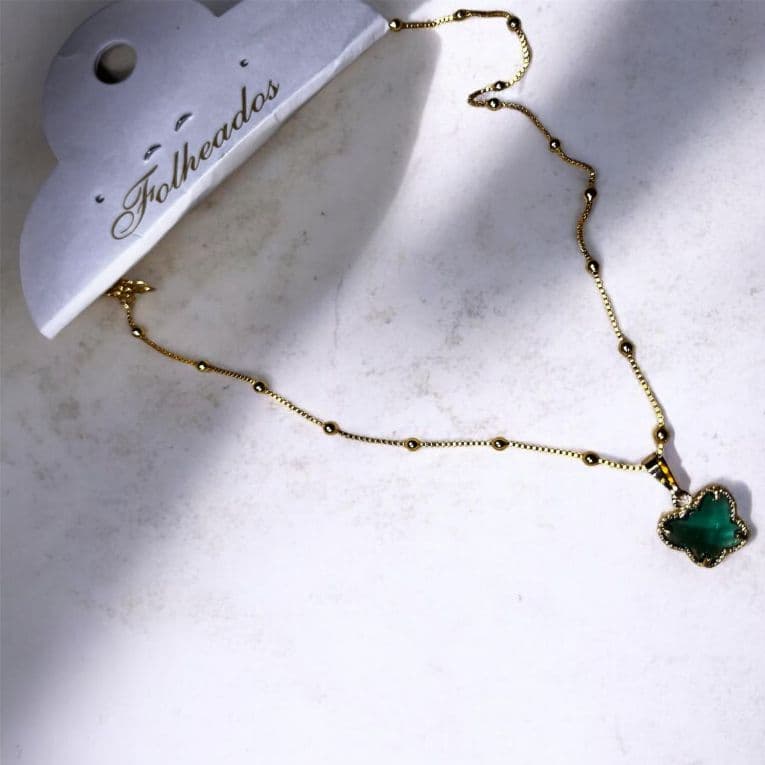 Colar Feminino Dourado Trevo Verde Delicado Folheado