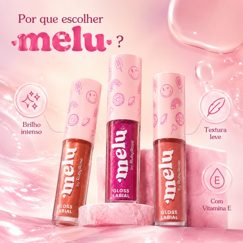 Best Lip Gloss Melu By Ruby Rose - Com Brilho - Bolo de Nozes, Sonho, Banoffee, Papaya RR - Com Brilho F8235
