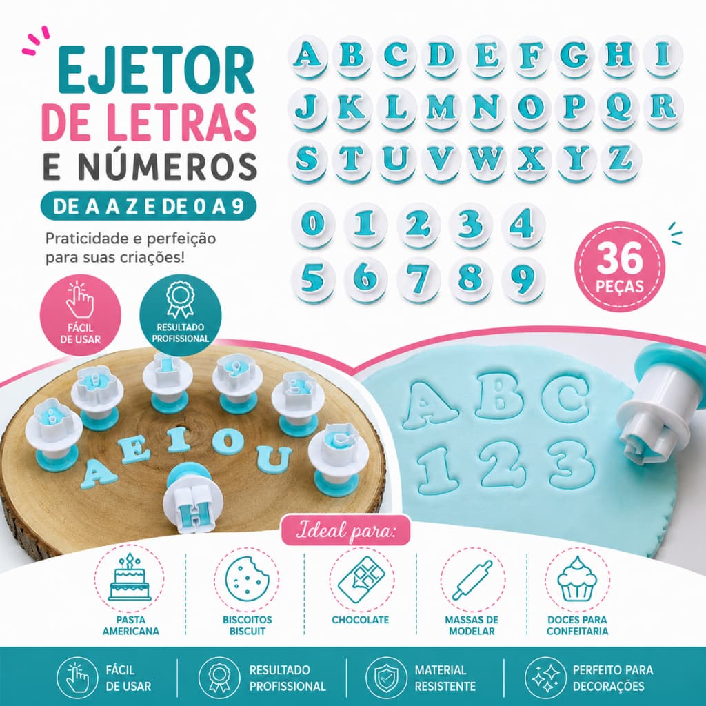 Ejetor Cortador de Letras e Números Alfabeto Para Confeitaria Biscoito Pasta Americana e Artesanato