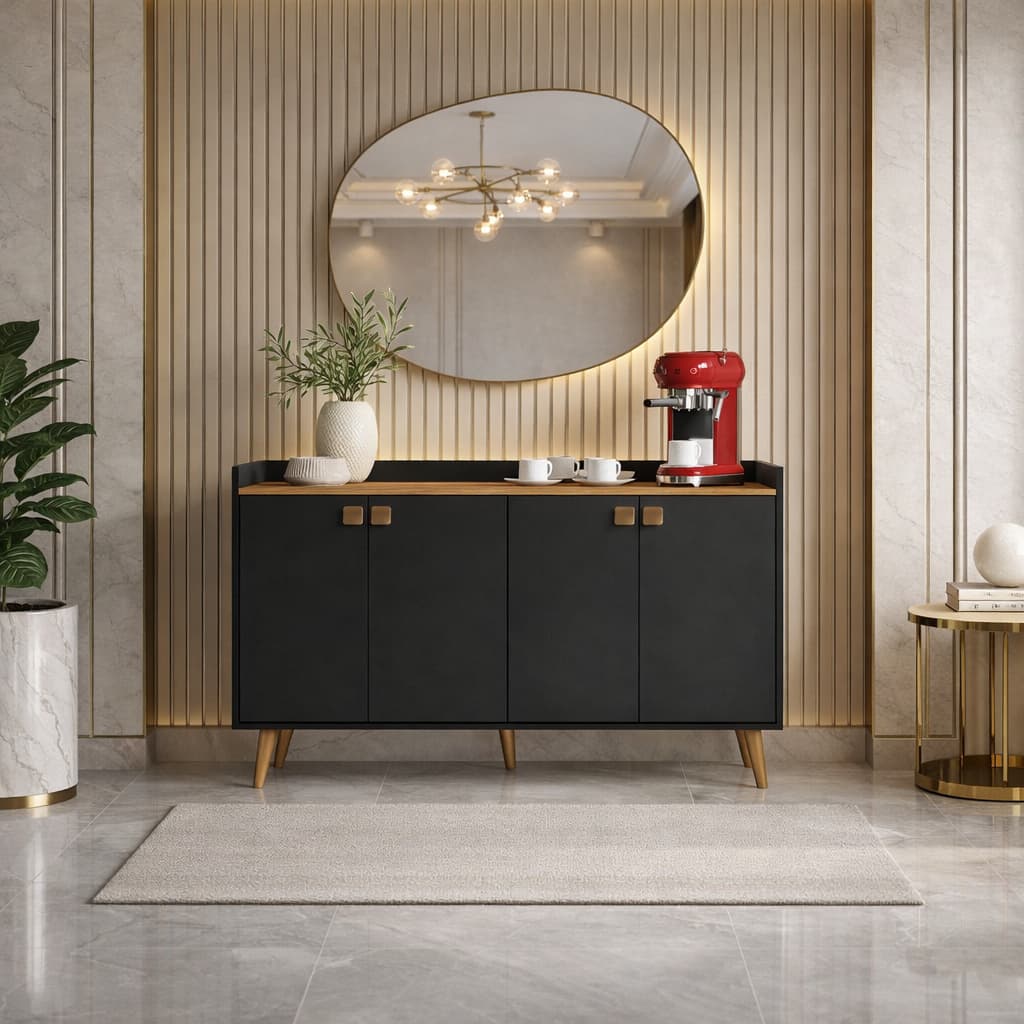 Aparador Buffet 4 Portas Cantinho Café Lulu Pés Palito Cor Preto / Freijó - Comprar Móveis em Casa
