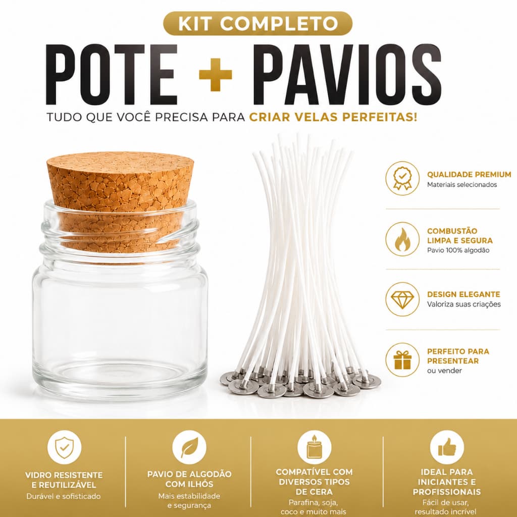 20 Potes P/ Velas Aromáticas com Tampa de Rolha Premium  + 20 Pavios encerados com ilhós