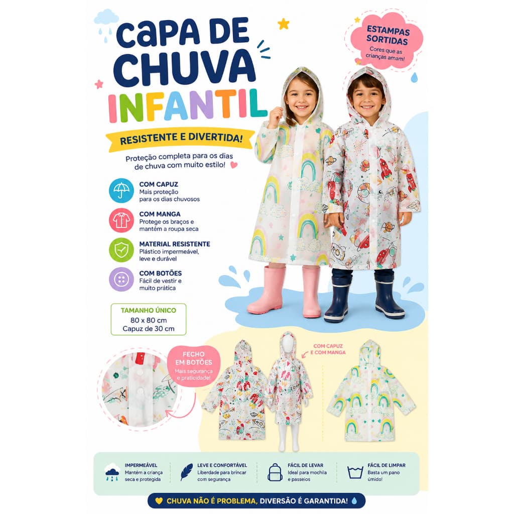 CAPA DE CHUVA COM CAPUZ FECHAMENTO COM BOTÕES REUTILIZÁVEL 80CM ESTAMPAS SORTIDAS - TOKYO DESIGN  - CHU0003