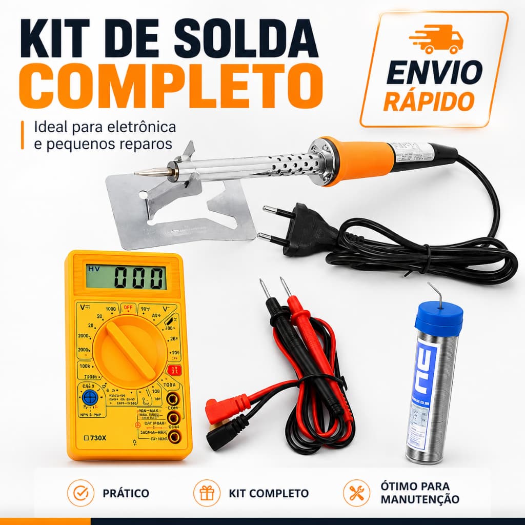 Kit Ferro de Solda 110V ou 220V + Multímetro + Solda 10g Envio Rápido