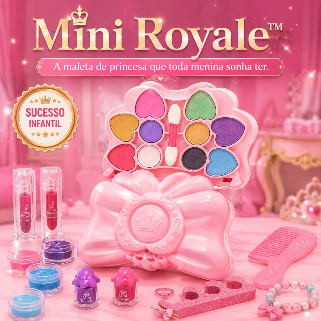 Mini Royale™ Kit Maquiagem Infantil Completo Princesa Menina Sombras Batom Glitter Acessórios Maleta