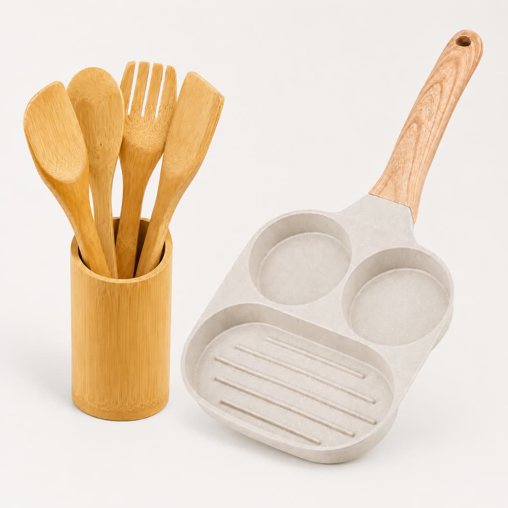 Kit Frigideira 3 em 1 Antiaderente Pedra + 5 Utensílios Bambu Ovos Grelhados Panqueca