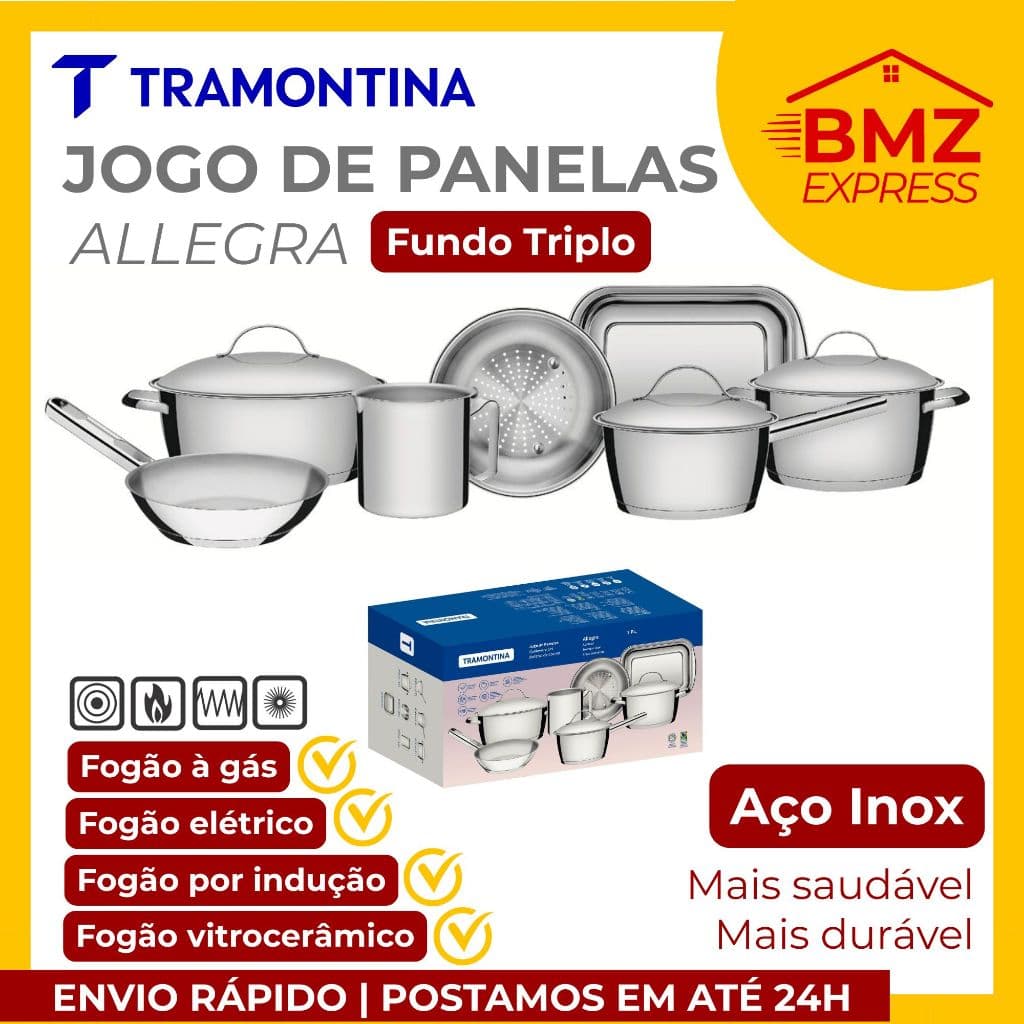 Jogo de Panelas Tramontina Allegra em Aço Inox com 3, 4, 5, 6, 7, 8 ou 10 peças