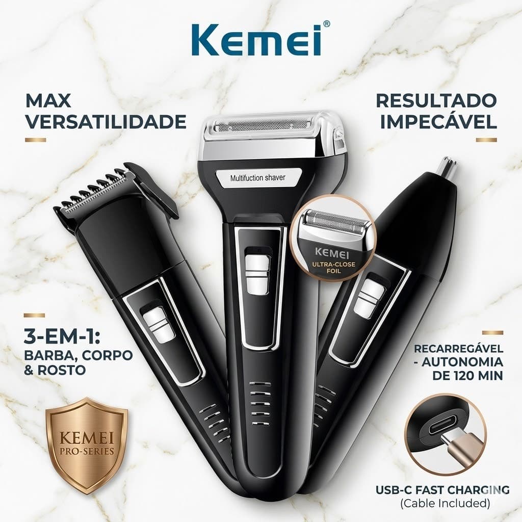 Barbeador Elétrico Kemei 3 em 1 Profissional Máquina de Cortar Cabelo Aparador de Pelos Recarregável
