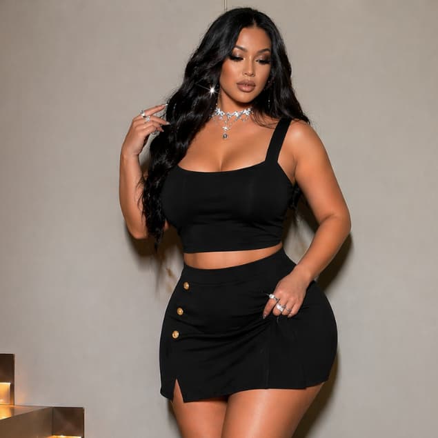Conjunto Feminino Plus Size G GG G1 G2 | Cropped e Short Saia com Botões | Estica, Conforta e Valoriza