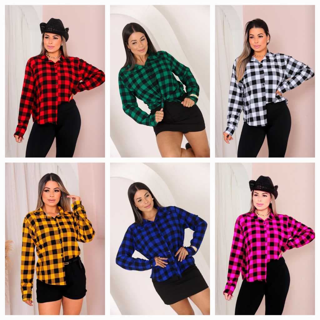CAMISA XADREZ QUADRICULADO FEMENINA MANGA LONGA TEJIDO DUNA