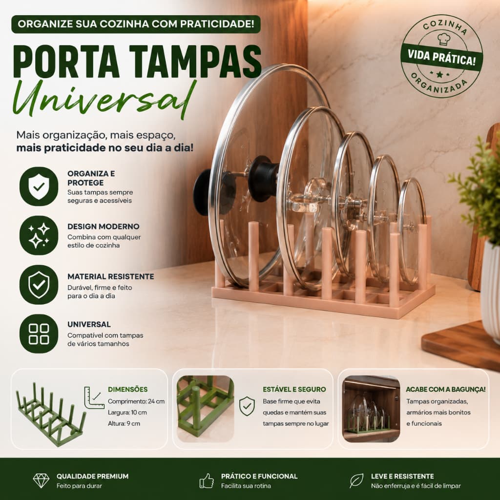 Porta Tampas de Panela Universal para 6 Tampas, Organizador de Cozinha para Armário, Gaveta ou Bancada, Suporte Compacto