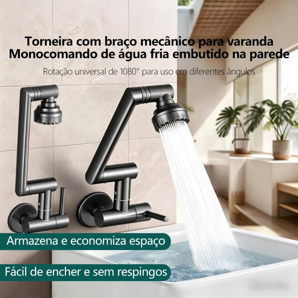Torneira de Parede 720° Giratória 2 Modos, Aço Inox, Para Cozinha e Banheiro