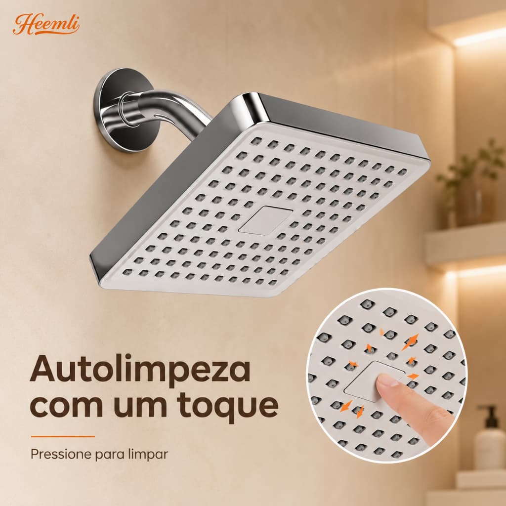 Heemli Chuveiro Ducha Superior Quadrada Autolimpante Alta Pressão Preto Cromado para Banheiro