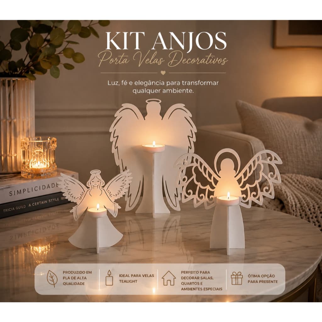 Kit 3 Anjos Decorativos Porta Velas Em PLA Branco Decoração Elegante Moderna