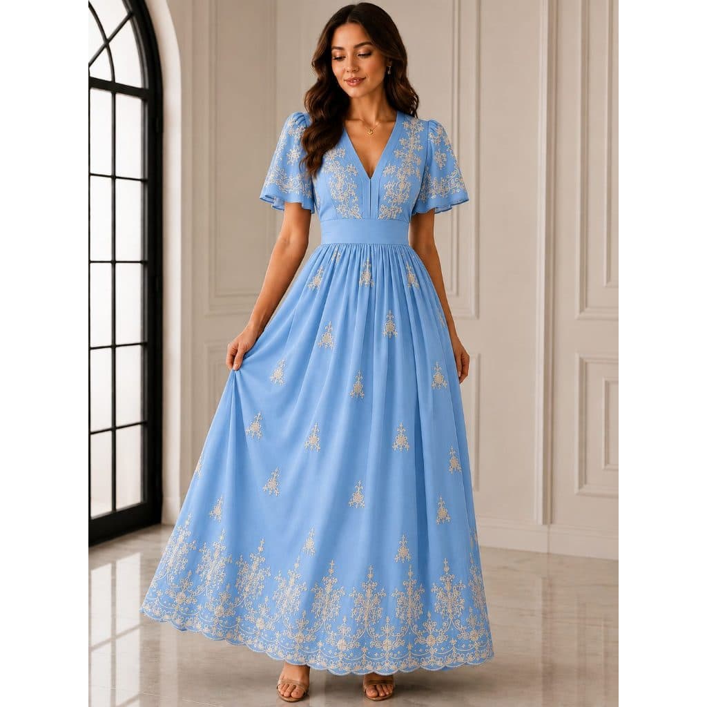 Vestido BORDADO LONGO feminino manga curta lastex nas costas moda evangelico festa viscomida