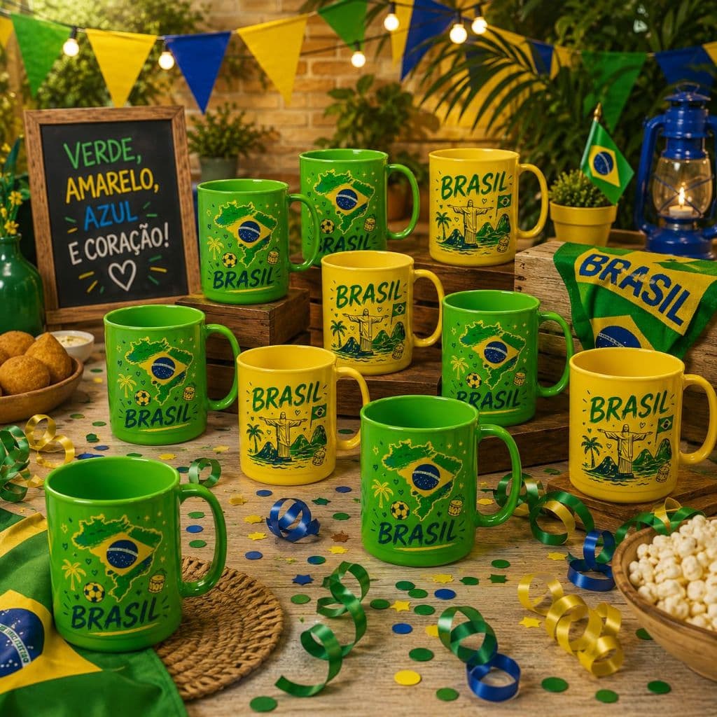 Kit Canecas Brasil Plástica - Copa Do Mundo Futebol Drinks