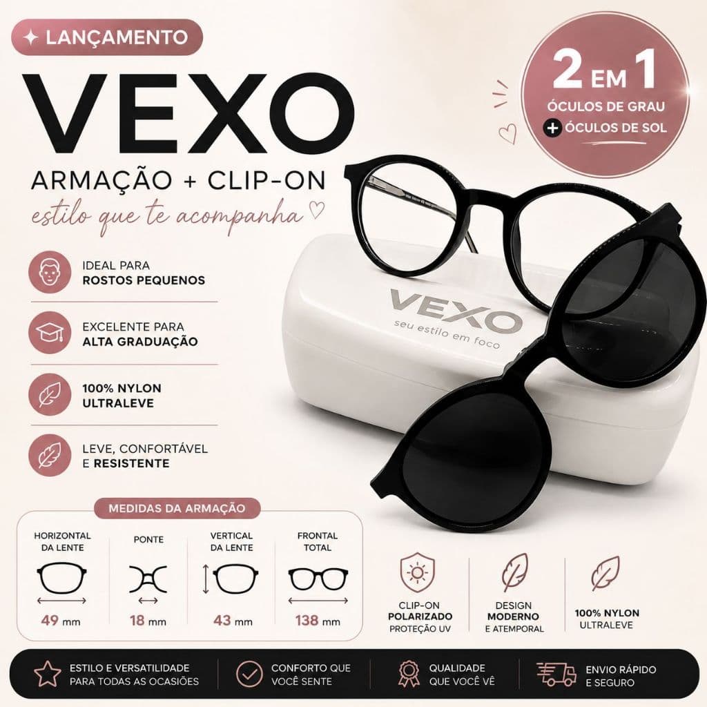 Óculos Clipon 2 em 1 Redondo Pequeno Polarizado UV400 Armação Leve com Mola + Clip Solar