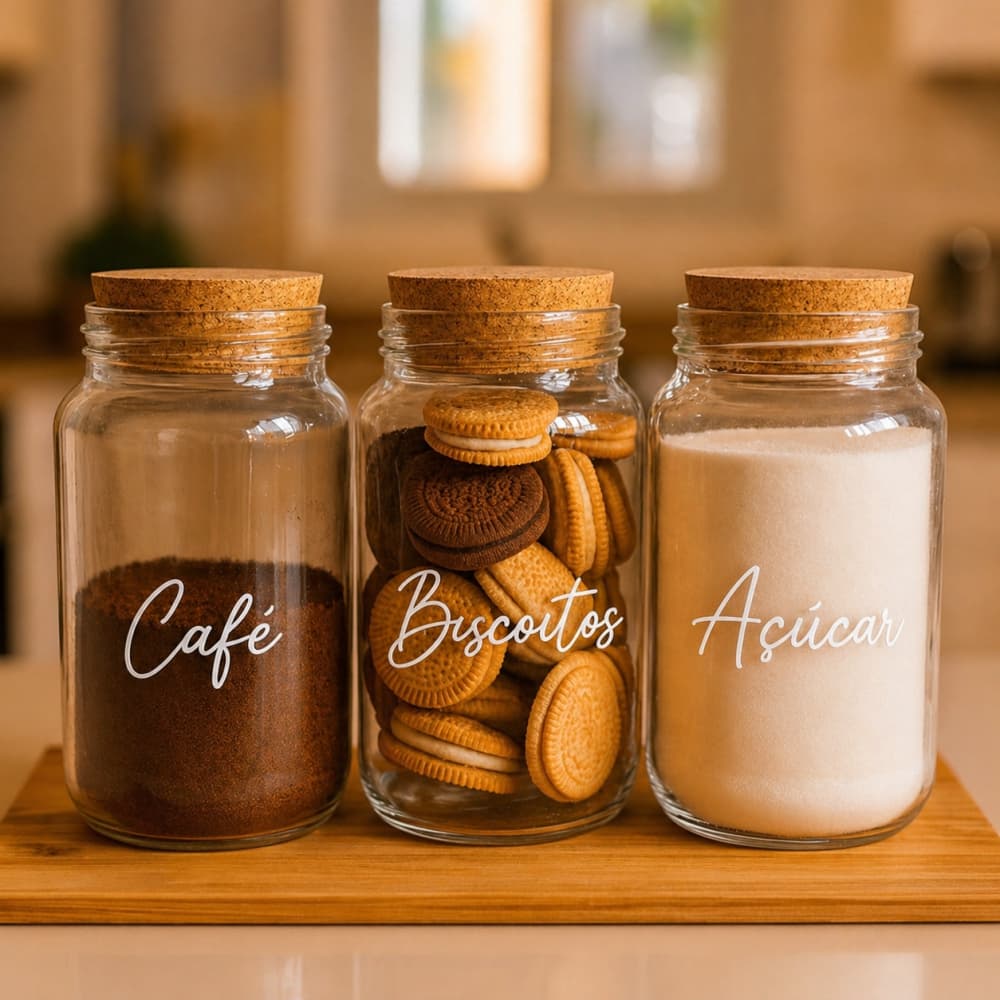 Kit Cantinho do Café - 3 Potes de Vidro com Tampa de Cortiça + Adesivos Armazenamento Cozinha Prata Dourado Letra Branca