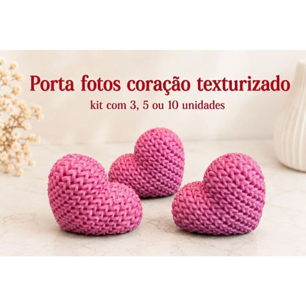 Kit Suporte Porta Fotos/Recados Texturizado Trico Coração Rosa - 3, 5 ou 10 unidades