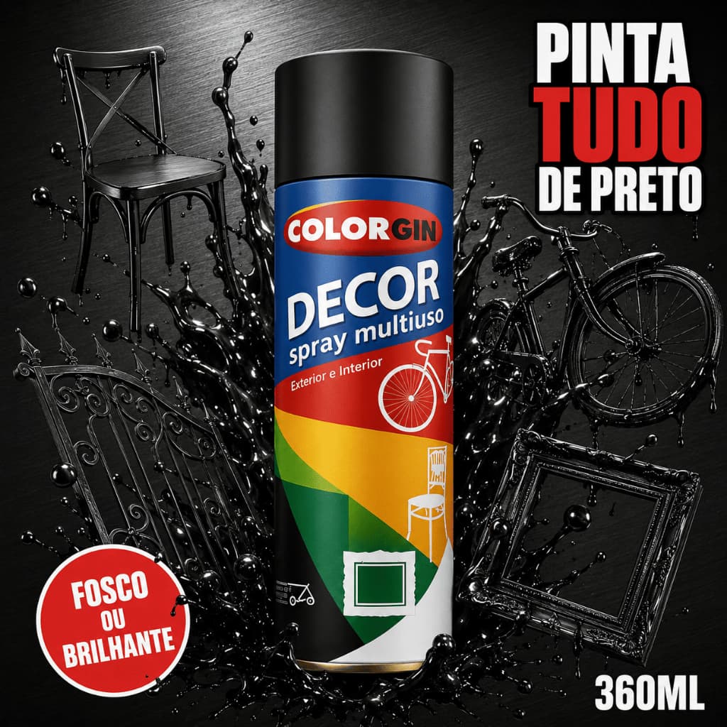 Tinta Spray Preto Colorgin Decor Multiuso 360ml Interno Externo Metal Madeira Gesso