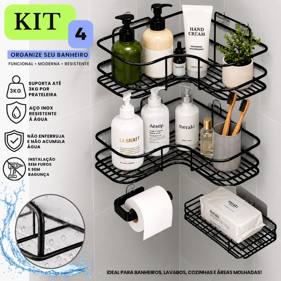 Kit 4 Peças Organizador Banheiro Adesivo Suporte Parede Shampoo E Acessórios