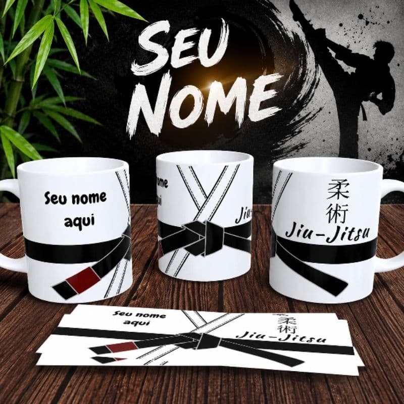 Caneca Jiu-jitsu Faixa Preta Com o Nome Personalizado Porcelana 325ml | Presente Exclusivo