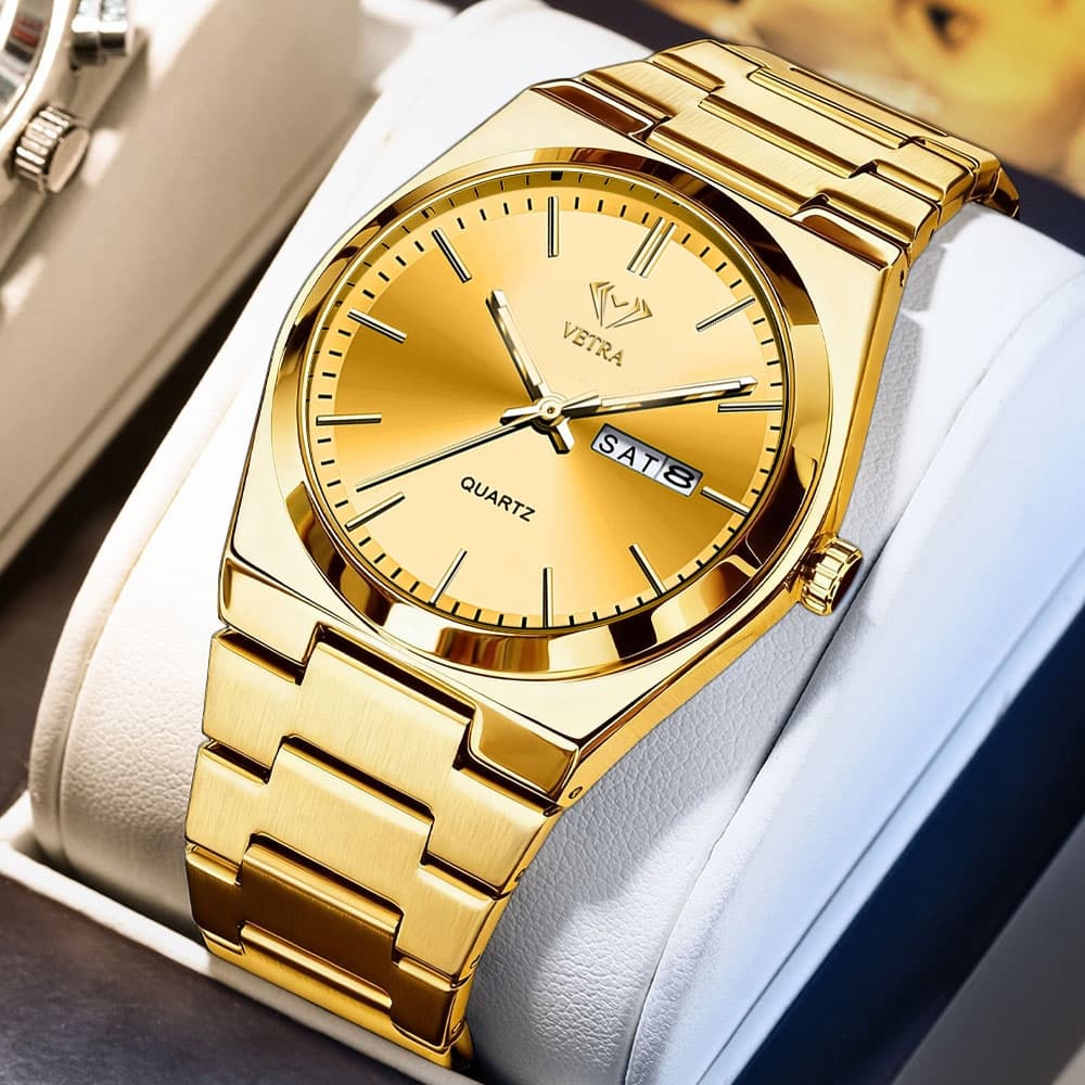 Relógio Masculino Original VETRA a Prova d Água Presente para Homem Aço Inoxidável Dourado Azul B102