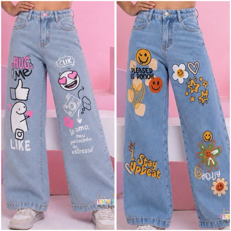 Calça jeans wide leg pantalona juvenil feminina infantil com desenho