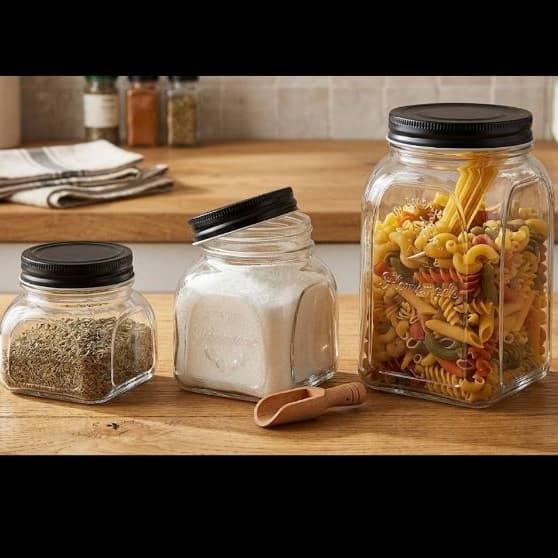 Potes de vidro para mantimentos - conjunto 3 peças - potes de 250ml, 500ml e 1L com tampa metalizada