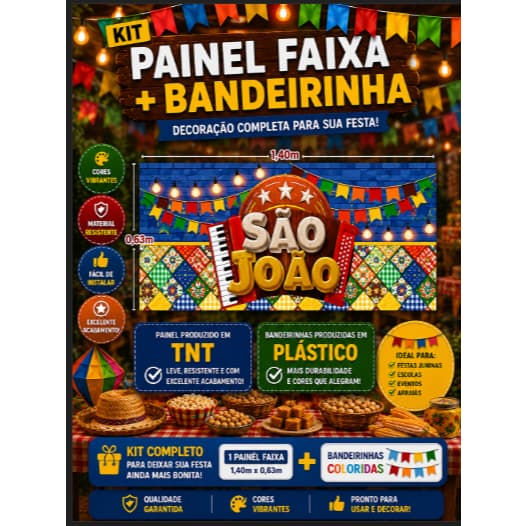 Kit Painel São João em TNT + Bandeirinhas Coloridas Plásticas Decoração Festa Junina Arraiá