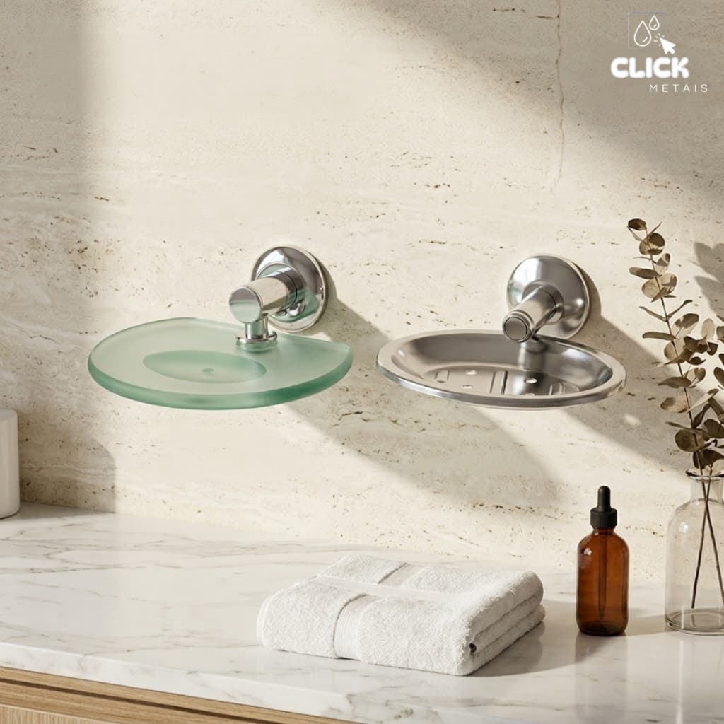 Saboneteira Banheiro em Aço Inox e Vidro Moderna de Parede Organizador e Resistente Luxo Moderno