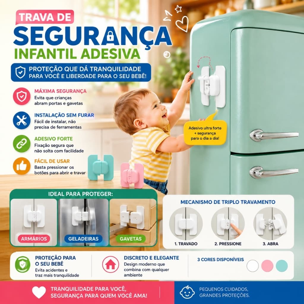 Trava Segurança Bebê Multiuso Adesiva Infantil p/ Geladeira Armário Gaveta Sem Furo