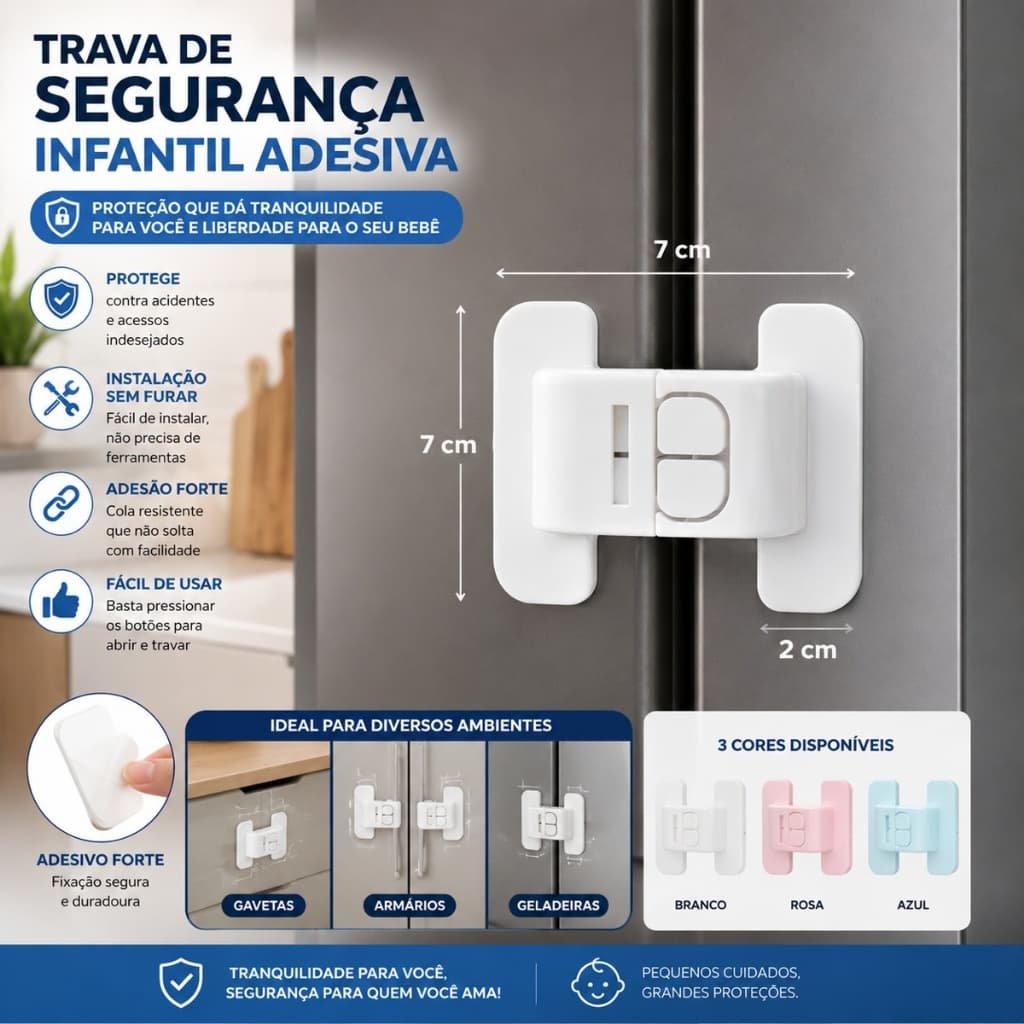 Trava Adesiva Segurança Bebê Multiuso Proteção Infantil p/ Geladeira e Gavetas