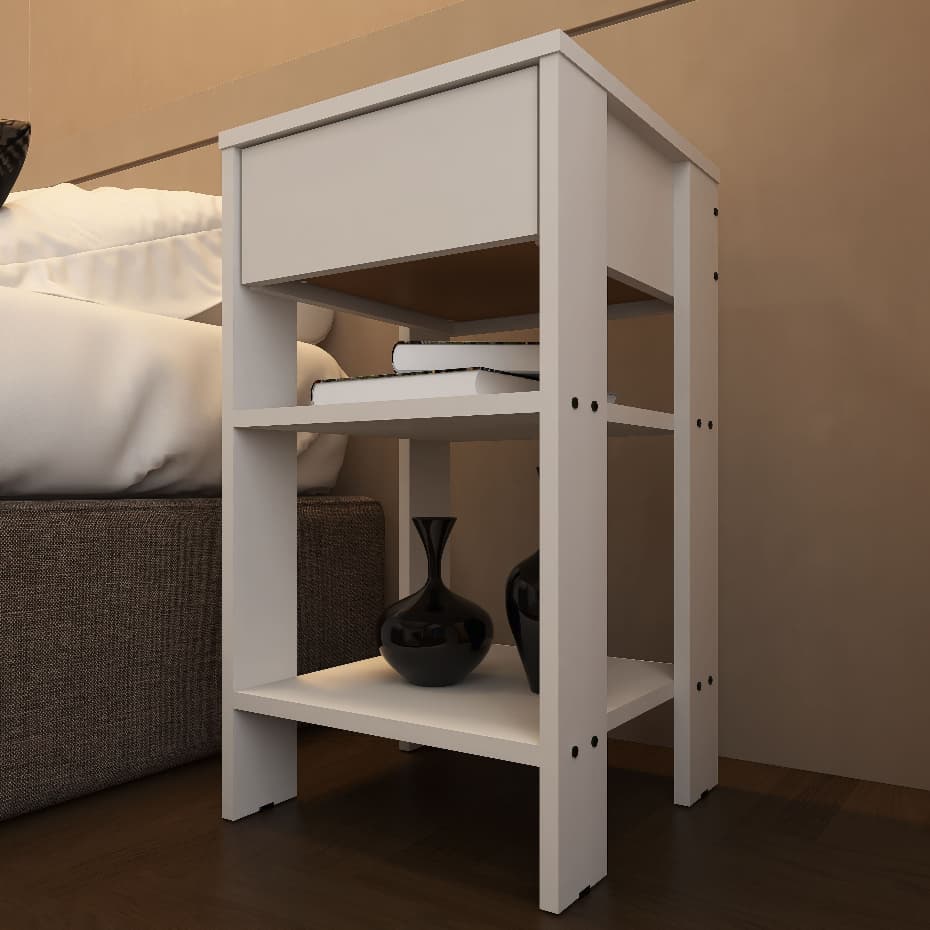 Mesa de Cabeceira 2 Nichos com Gaveta – Criado Mudo Organizador Quarto Moderno
