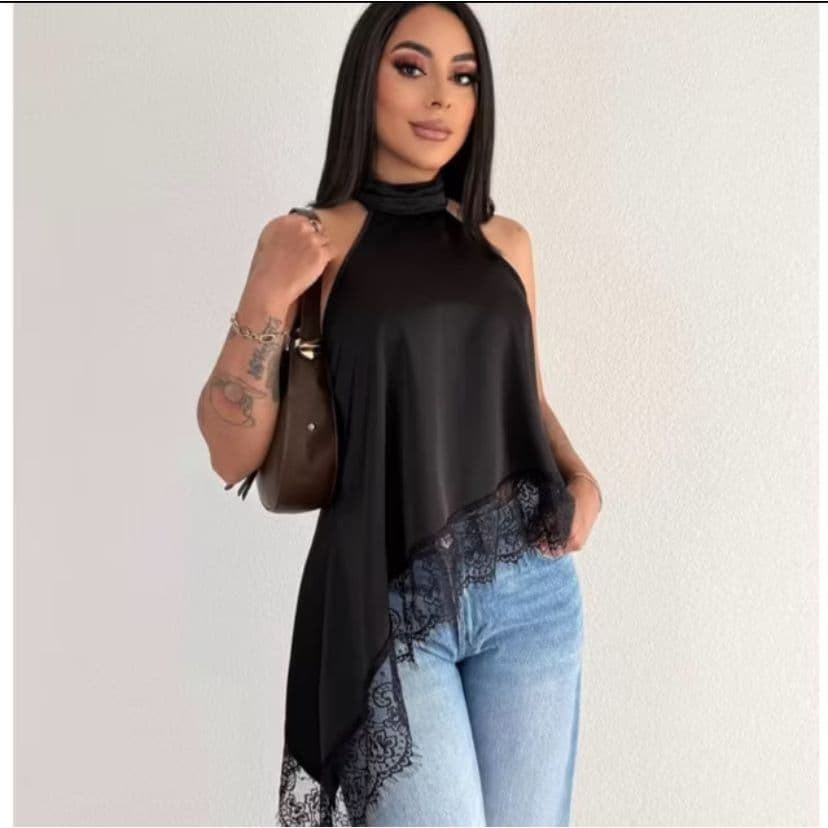 Blusa Feminina Gola Alta Assimétrica Frente Única Com Renda Bata Elegante Tendência Inverno