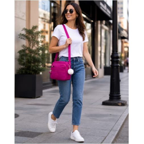 Bolsa Transversal Feminina Tactel com Pompom – Leve, Moderna e Prática para o Dia a Dia SA2406-2