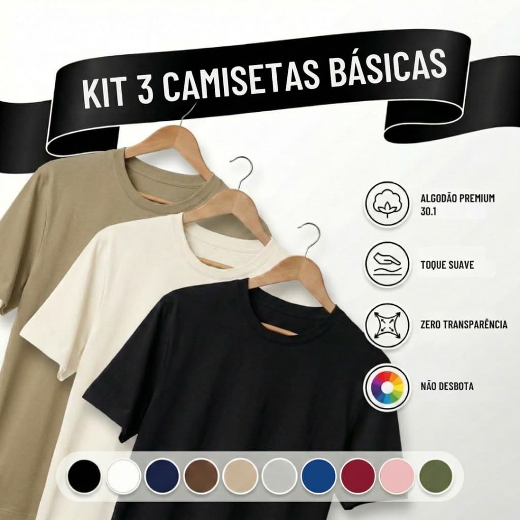 Camiseta Masculina Algodão Kit 3 Camisetas Neutras Masculinas Básicas Gola Redonda Premium Tribo