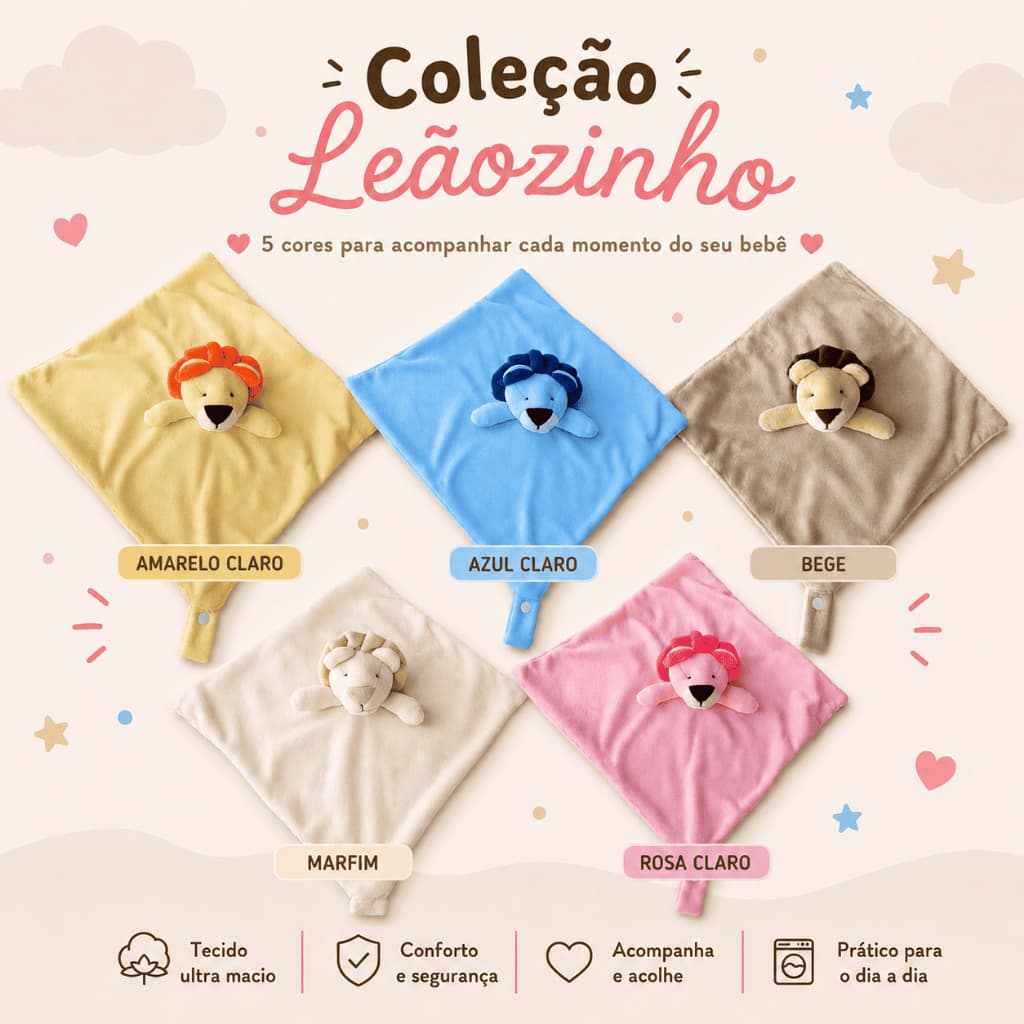 Naninha Bichinhos Bebe em Plush Prendedor Chupeta Leão Rosa Azul Bege Amarelo Marfim Palha