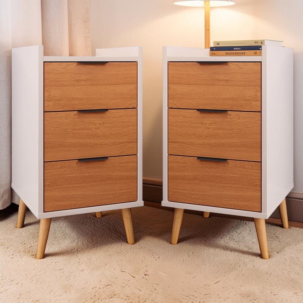 +Kit Com 2 Mesas De Cabeceira Quarto Retrô Toni Com Gavetas Cores Decoração De Quarto Pés Palito