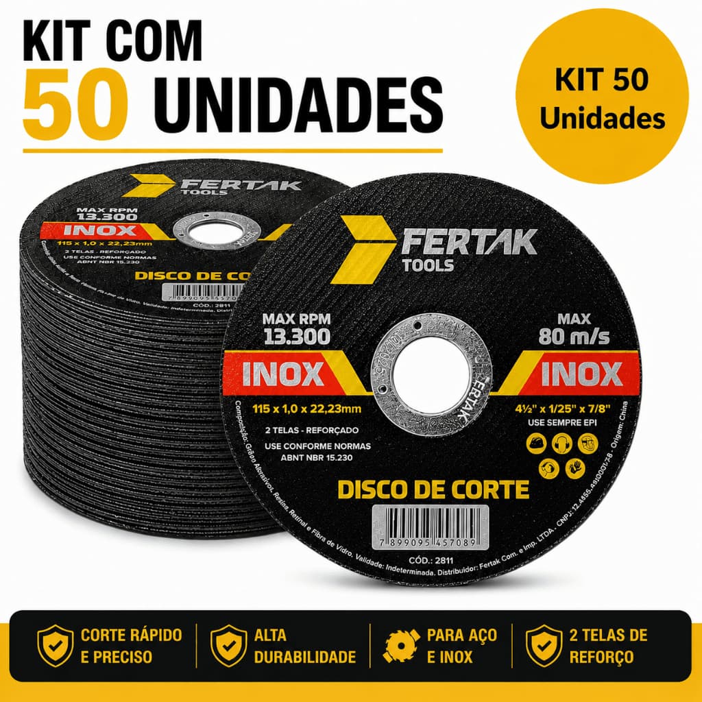 Disco de Corte Fertak 4.1/2 Fino para Aço Inox e Metal Kit 10 20 50 Unidades Alta Performance