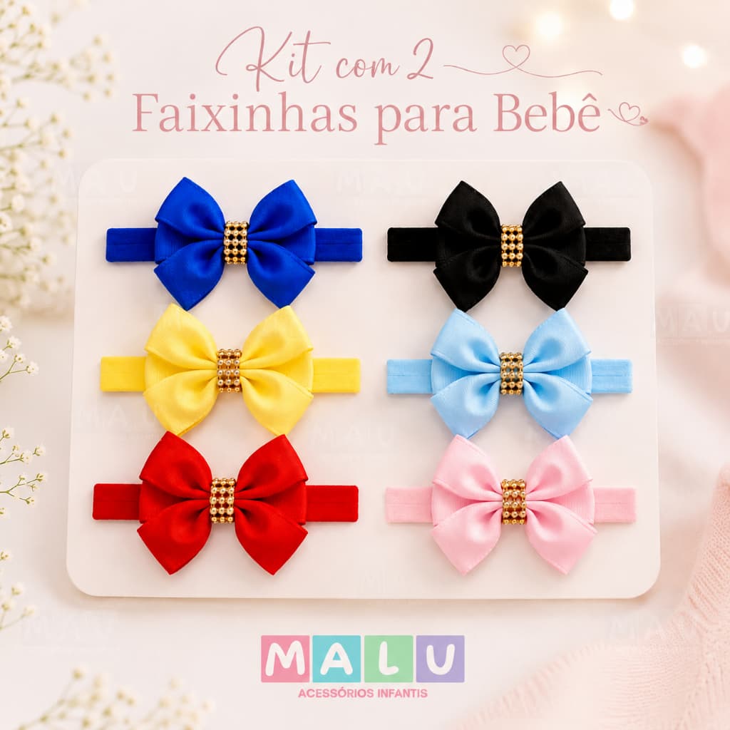 Kit 2 faixinhas de Laço com Brilho para Bebê Tiara na meia de seda para RN até 2 anos Cabelo Criança