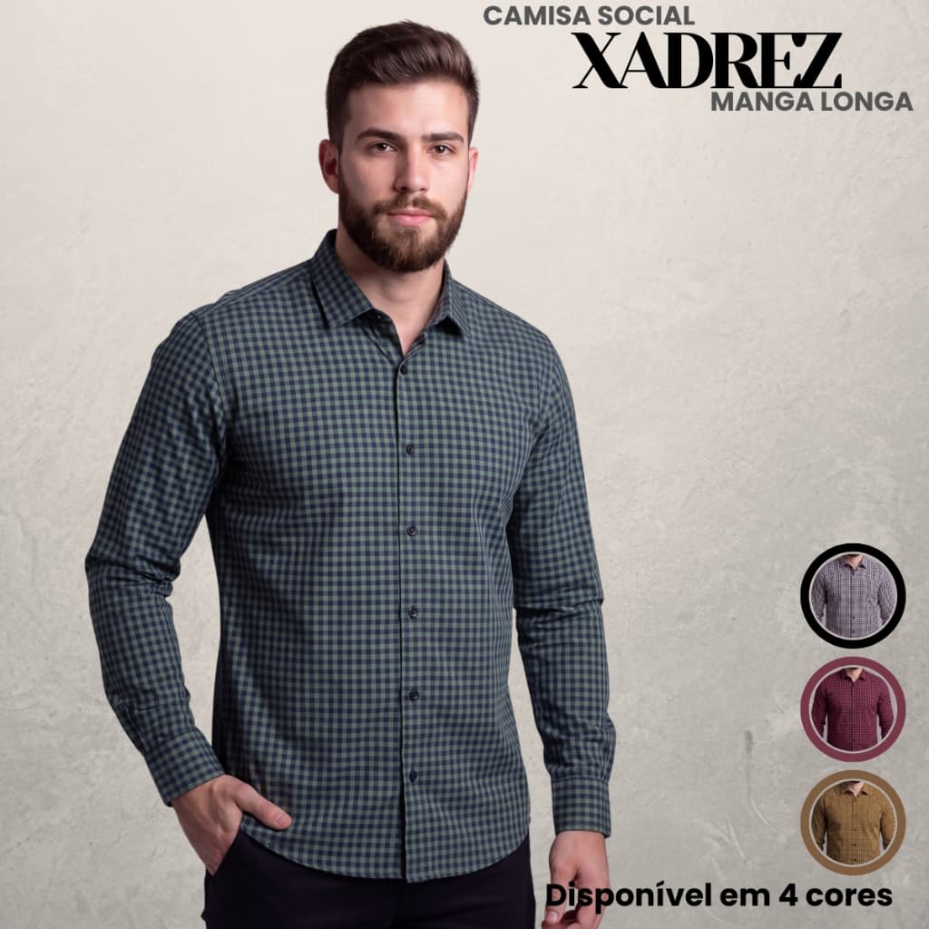 Camisa Xadrez Masculina Social Algodão De Botões Manga Longa Casual Costura Premium Tradicional Slim