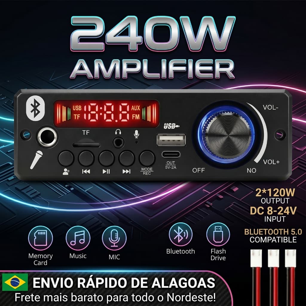 Módulo Amplificador de Áudio Digital 240W Potente 2x120W Bluetooth