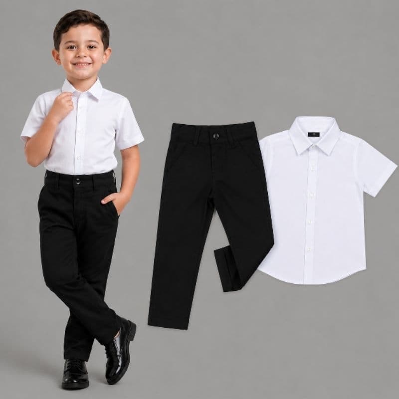 Conjunto Camisa Manga Curta Social Infantil Diversas Cores Calça Preto