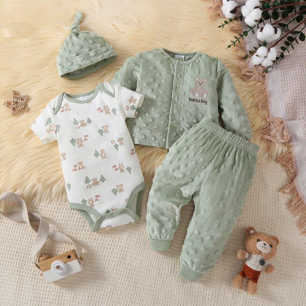 Pijama infantil grosso Conjunto 4 Peças Veludo Bebê Manga Longa Casual Outono Inverno Urso Fofo Menino Primavera