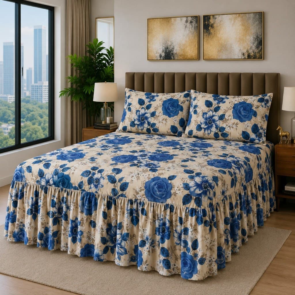 Kit Colcha com Babado Percal Estampado Toque de Algodão Premium 400 Fios