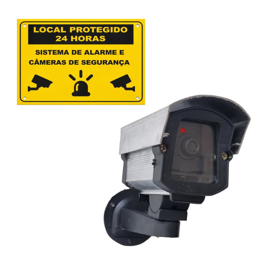 Kit Câmera FALSA Simulador Fake c/ LED  Bivolt + Placa Local Protegido 24h